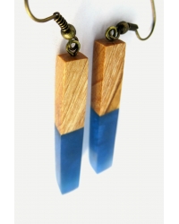 Earrings Wood Rectangle Blue
