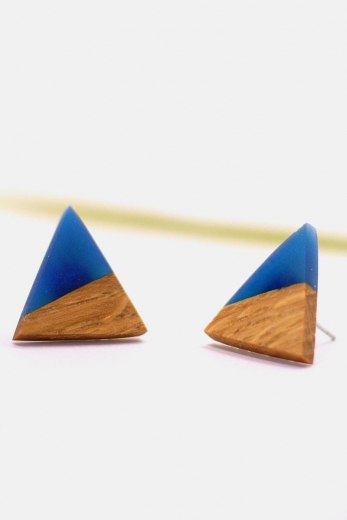 Earrings Wood Triangle Blue